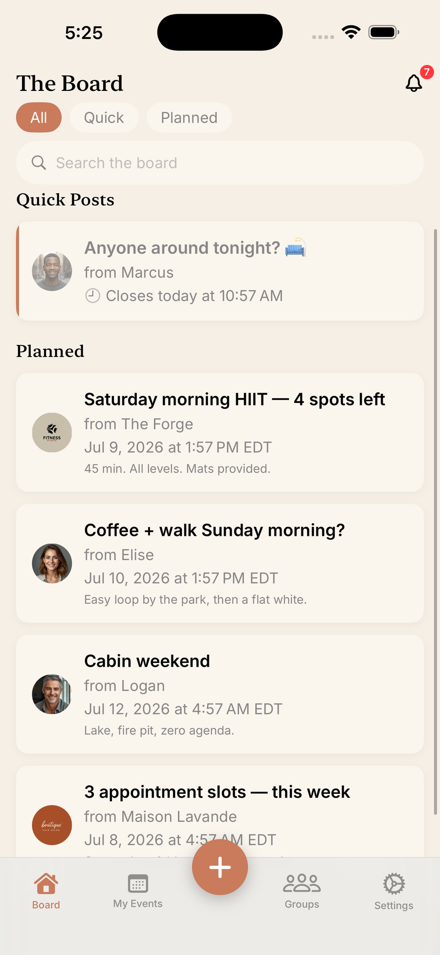 Board showing appointment slots from Maison Lavande and a capped HIIT class