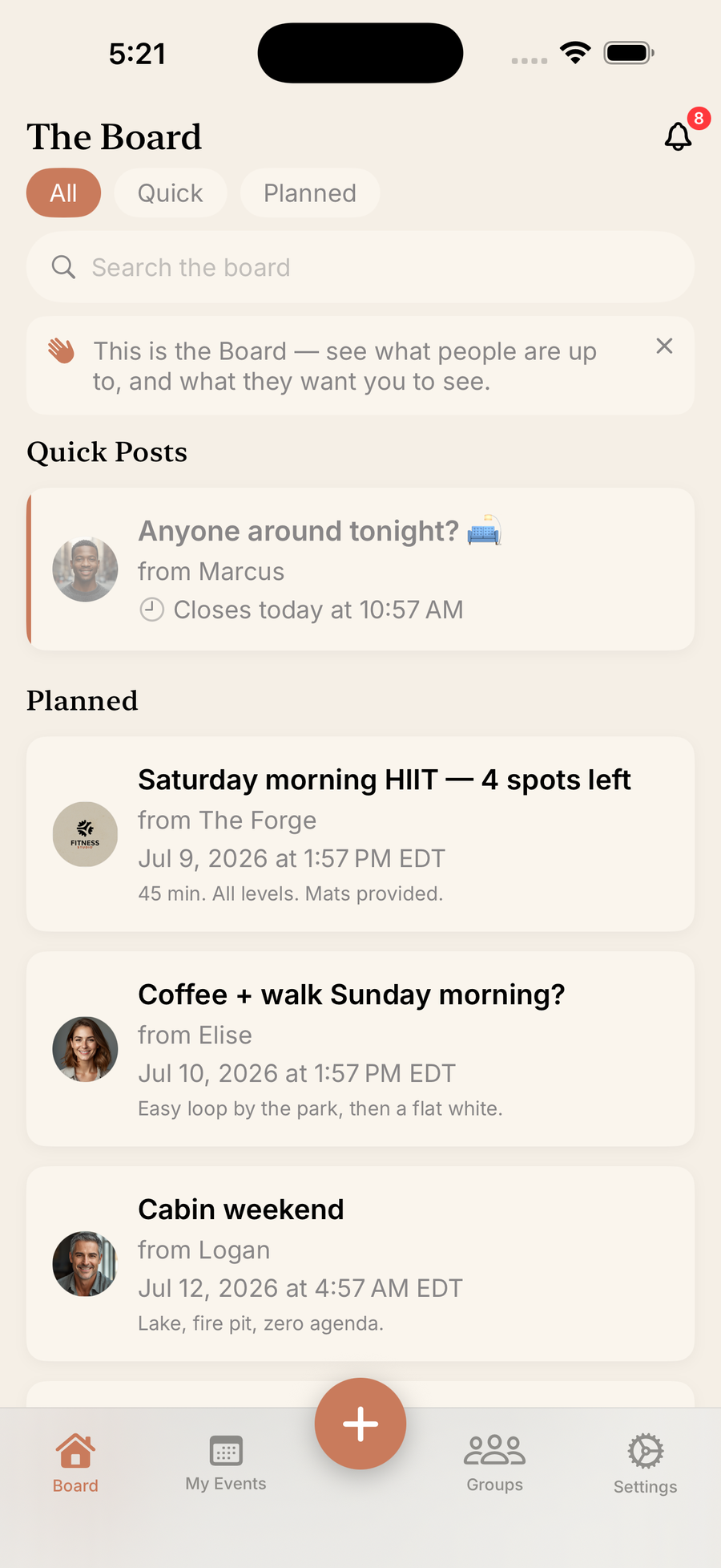 The Letmeeno board showing quick posts and planned events