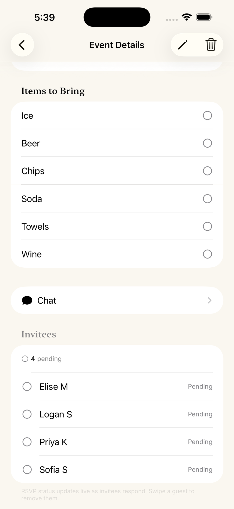 Items to Bring list with invitee statuses