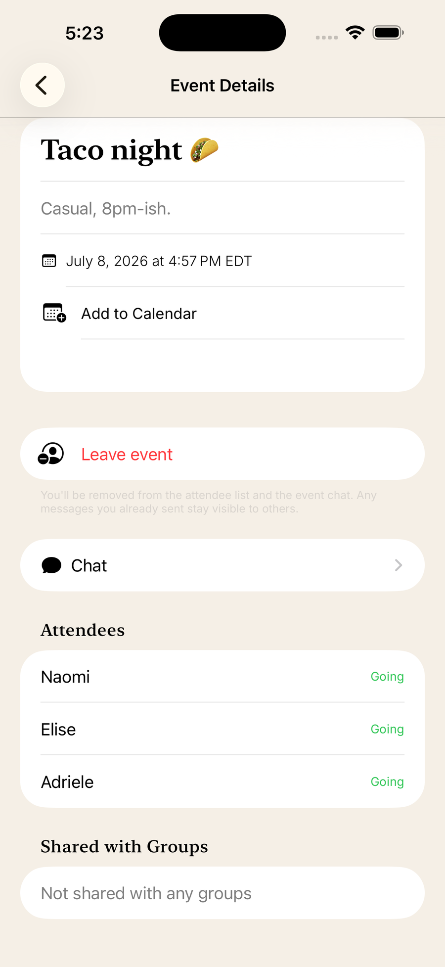 Event details for Taco night with attendees