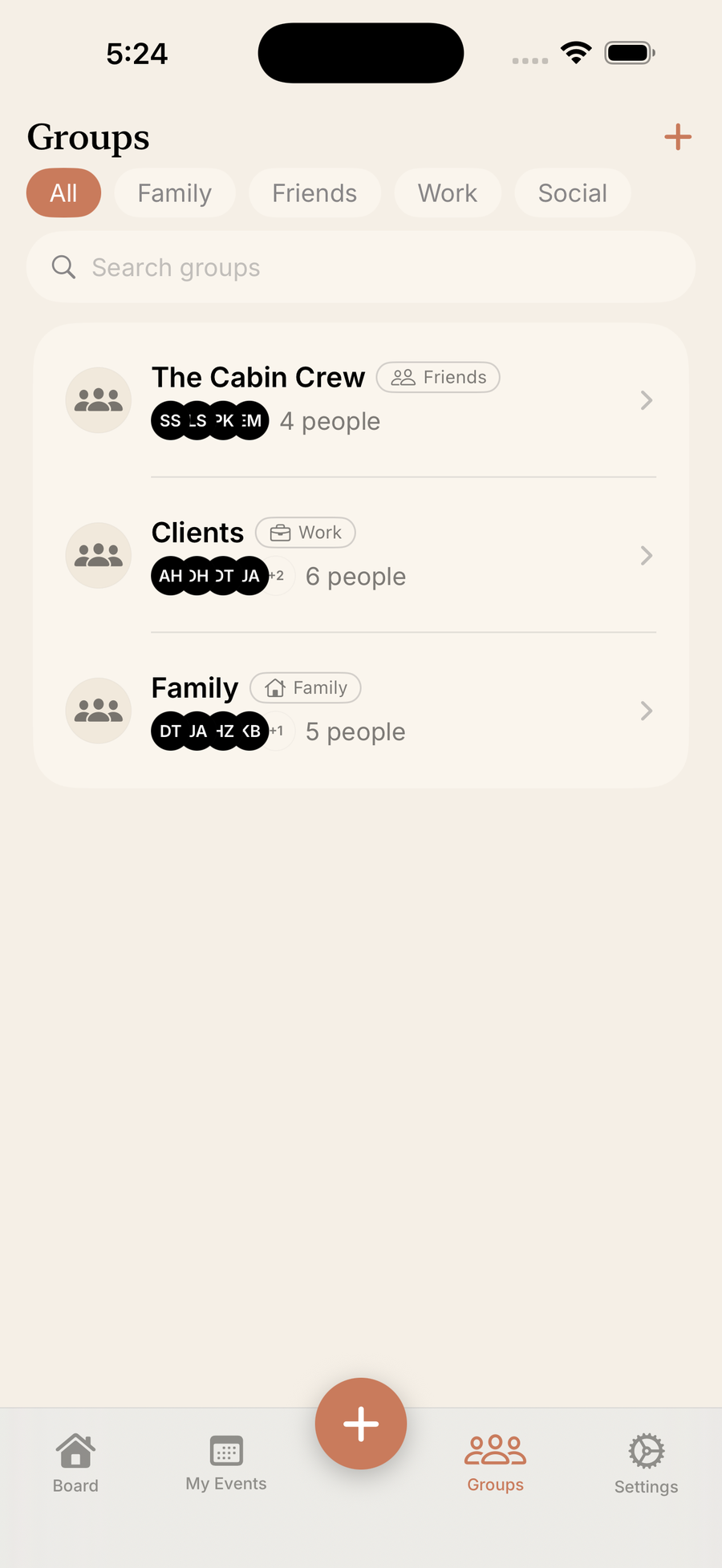 Groups screen with Cabin Crew, Clients, and Family