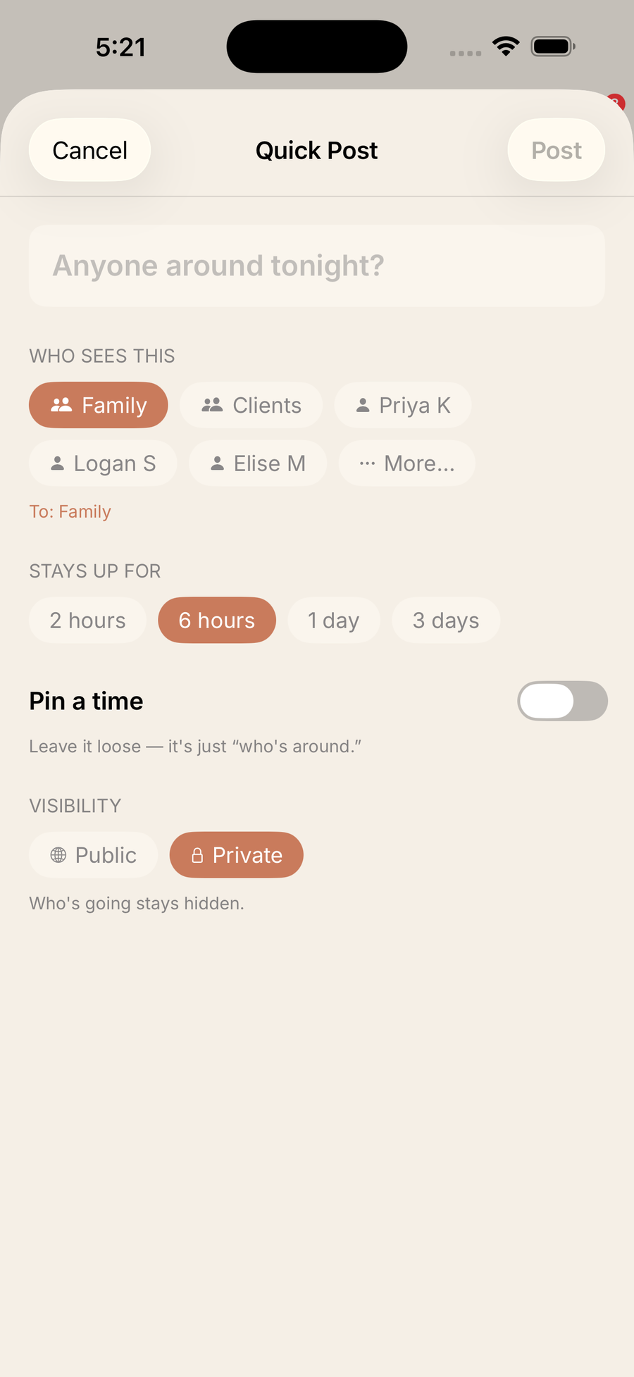 Quick Post composer with audience and duration options